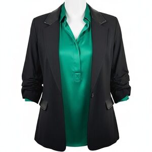Karen Kane Women Black‎ Blazer Jacket Medium Lamb Leather Trim Ruched 3/4 Sleeve